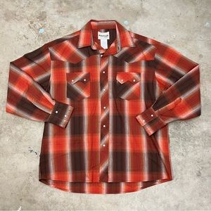 Rustler By Wrangler Western Pearl Snap Burnt Orange Red Brown Silver Stripe Sz L